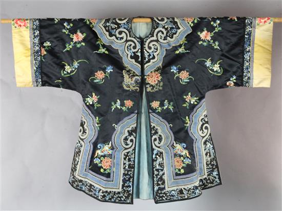 A Chinese black satin robe, 19th century, some wear